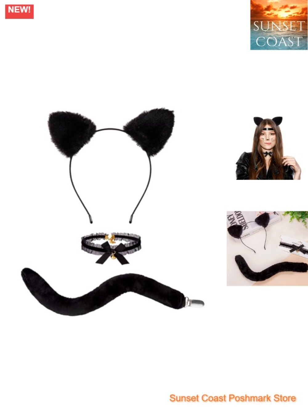 Cat Ears Headband Tail Bell Collar Costume Set 3 Piece Plush Polyester
